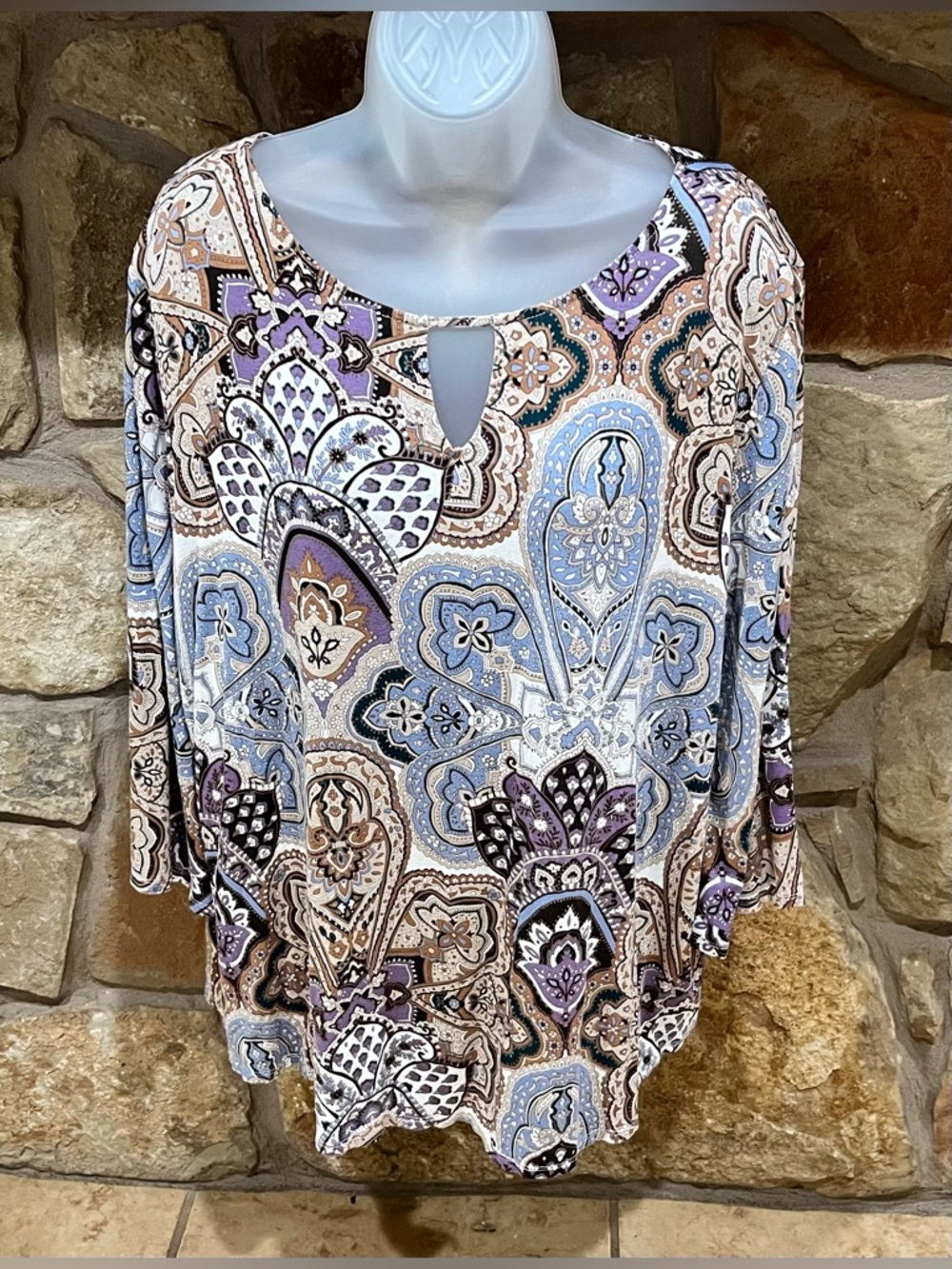 Chico’s Soft Knit Blouse Women's XL Paisley Medallions Florals 3/4 Sleeves